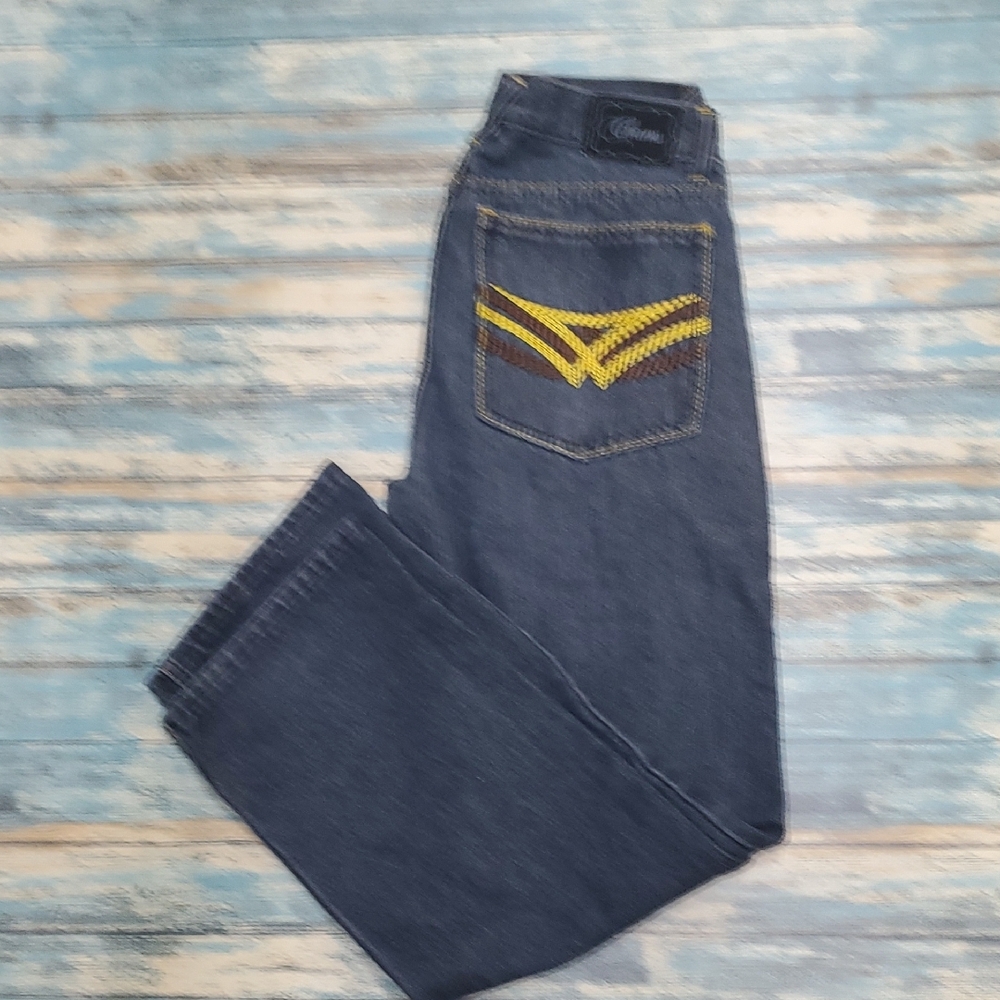 Blue Straight-Leg Jeans with Yellow Chevron Design